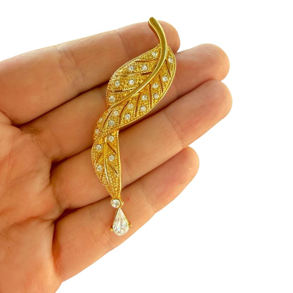 Vintage Jewelry Rhinestone Leaf Brooch Gold Tone Leaf Pin Fancy Leaf Brooch